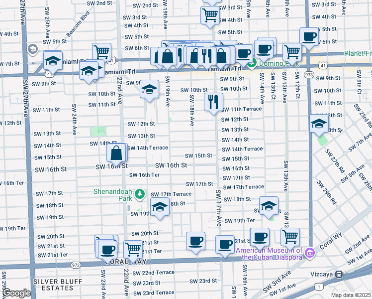 map of restaurants, bars, coffee shops, grocery stores, and more near 1450 Southwest 18th Avenue in Miami