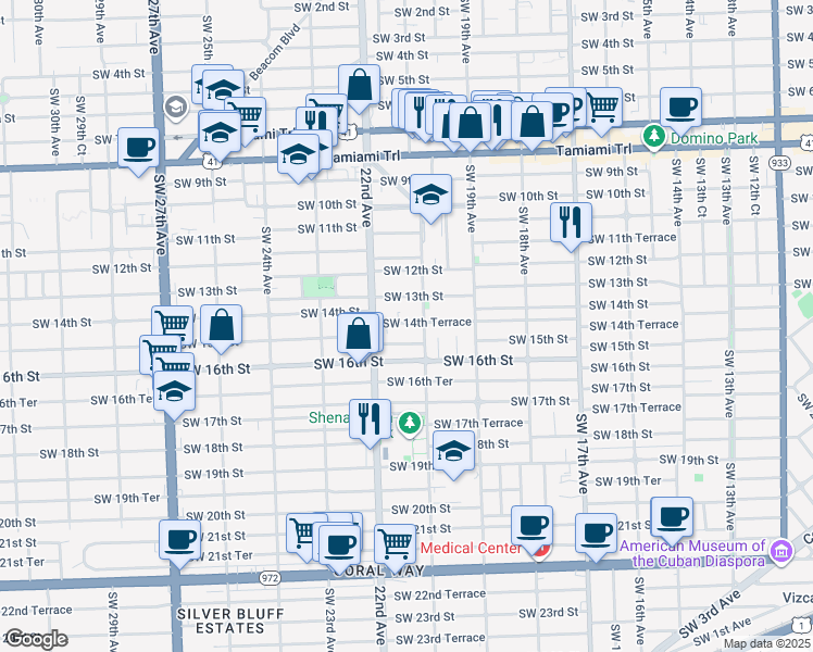 map of restaurants, bars, coffee shops, grocery stores, and more near 2122 Southwest 14th Terrace in Miami