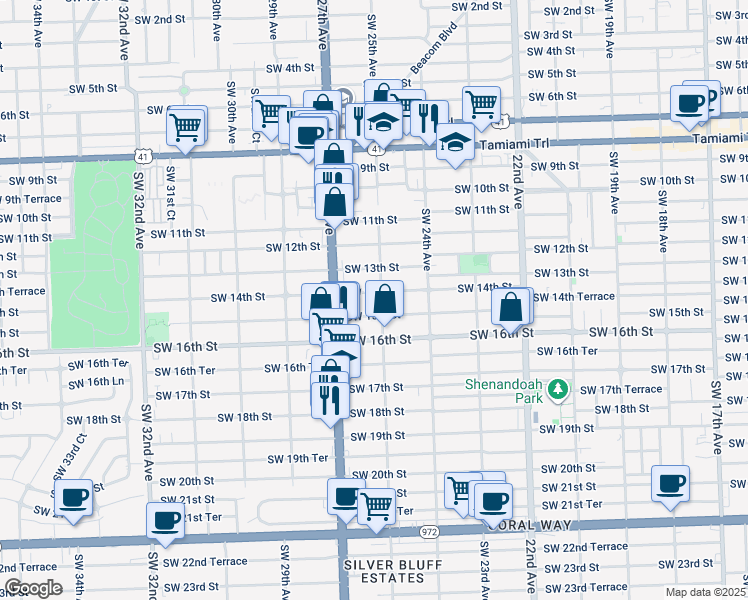 map of restaurants, bars, coffee shops, grocery stores, and more near 2490 Southwest 14th Street in Miami
