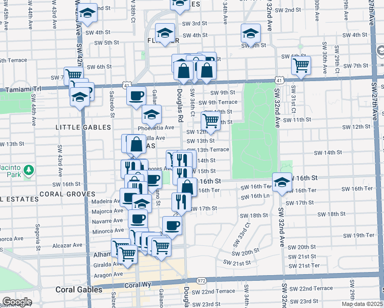 map of restaurants, bars, coffee shops, grocery stores, and more near 3682 Southwest 13th Terrace in Miami