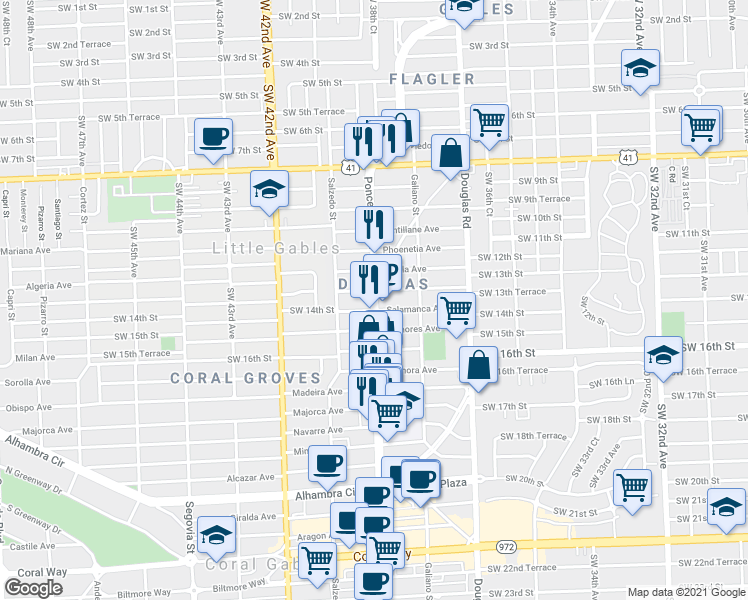 map of restaurants, bars, coffee shops, grocery stores, and more near 1300 Ponce de Leon Boulevard in Coral Gables