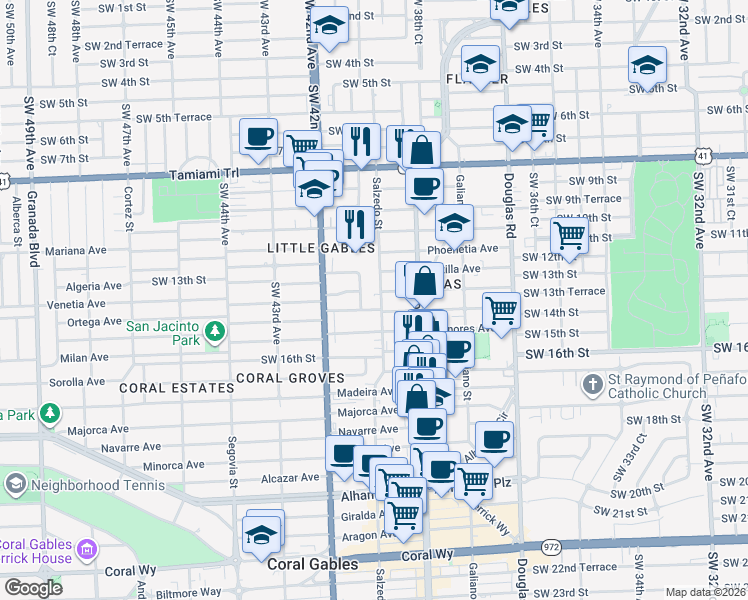 map of restaurants, bars, coffee shops, grocery stores, and more near 1301 Salzedo Street in Coral Gables