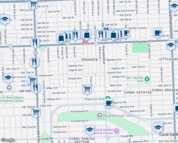 map of restaurants, bars, coffee shops, grocery stores, and more near 1224 Tangier Street in Coral Gables