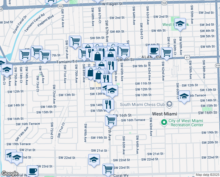 map of restaurants, bars, coffee shops, grocery stores, and more near 1200 Ludlam Road in Miami