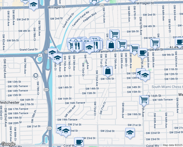 map of restaurants, bars, coffee shops, grocery stores, and more near 1141 Southwest 73rd Avenue in Miami