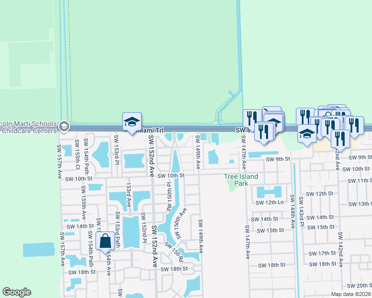 map of restaurants, bars, coffee shops, grocery stores, and more near 882 Southwest 149th Court in Miami