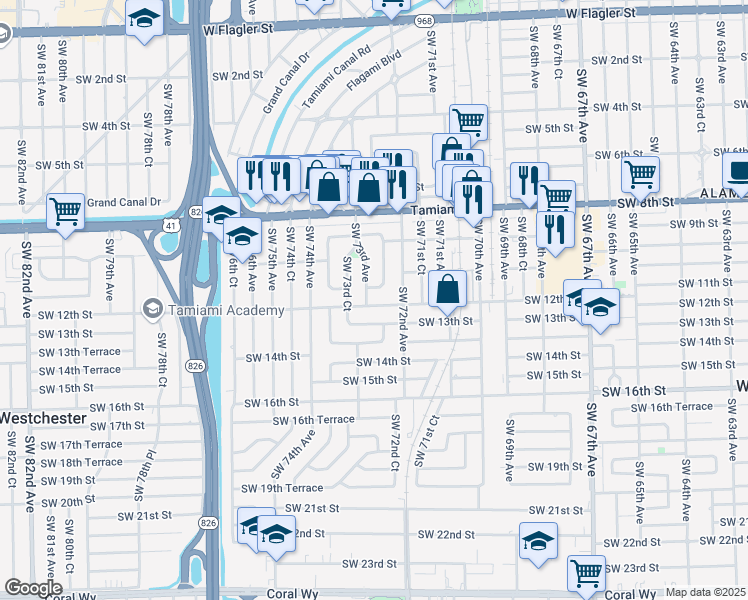 map of restaurants, bars, coffee shops, grocery stores, and more near 1141 Southwest 73rd Avenue in Miami