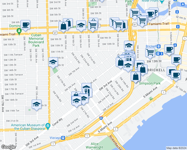 map of restaurants, bars, coffee shops, grocery stores, and more near 420 Southwest 22nd Road in Miami