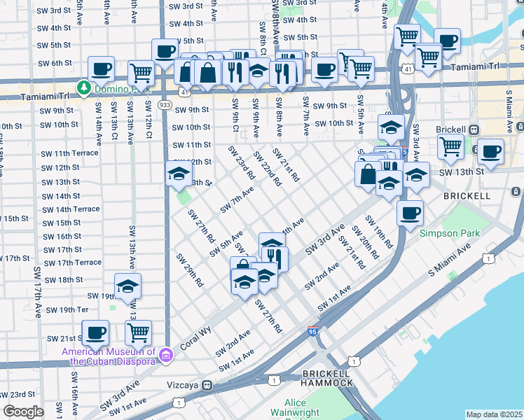 map of restaurants, bars, coffee shops, grocery stores, and more near 500 Southwest 23rd Road in Miami