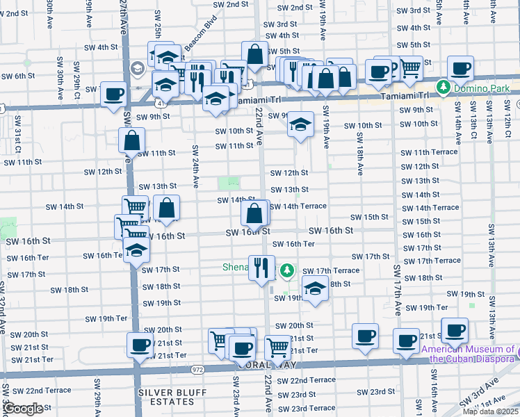 map of restaurants, bars, coffee shops, grocery stores, and more near 1434 Southwest 22nd Avenue in Miami