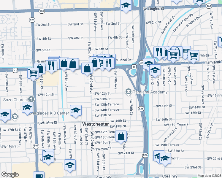 map of restaurants, bars, coffee shops, grocery stores, and more near 7930 Southwest 11th Street in Miami