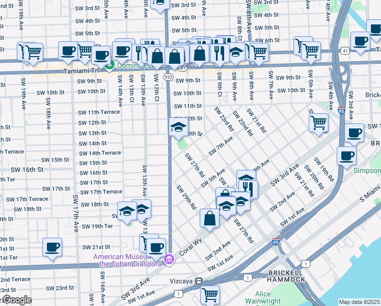 map of restaurants, bars, coffee shops, grocery stores, and more near 801 Southwest 27th Road in Miami