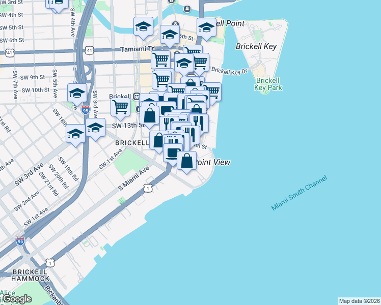 map of restaurants, bars, coffee shops, grocery stores, and more near 1401 Brickell Avenue in Miami