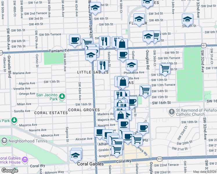 map of restaurants, bars, coffee shops, grocery stores, and more near 1301 Salzedo Street in Coral Gables