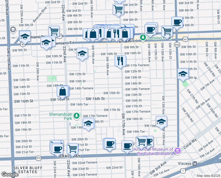 map of restaurants, bars, coffee shops, grocery stores, and more near 1450 Southwest 18th Avenue in Miami