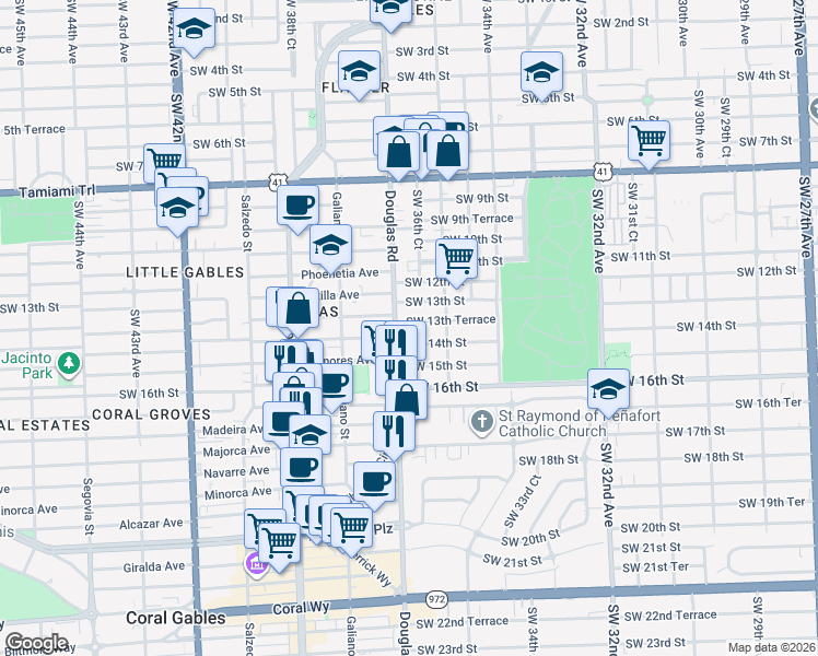 map of restaurants, bars, coffee shops, grocery stores, and more near 3682 Southwest 13th Terrace in Miami