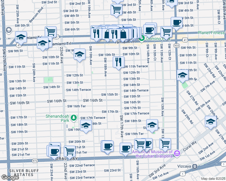 map of restaurants, bars, coffee shops, grocery stores, and more near 1728 Southwest 14th Terrace in Miami