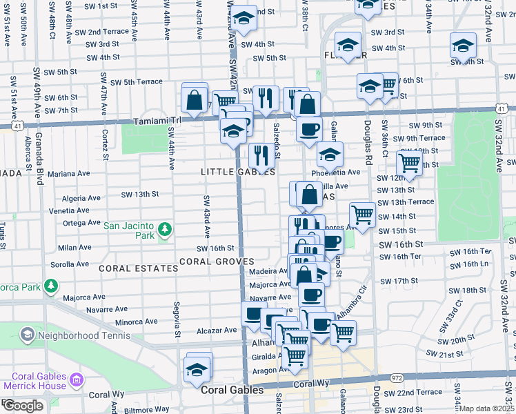 map of restaurants, bars, coffee shops, grocery stores, and more near 4020 Southwest 13th Terrace in Miami