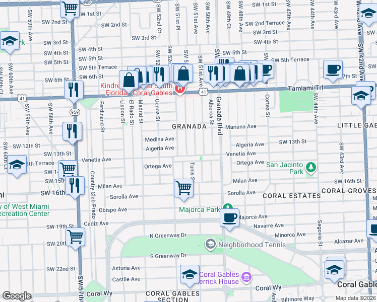 map of restaurants, bars, coffee shops, grocery stores, and more near 1224 Tangier Street in Coral Gables
