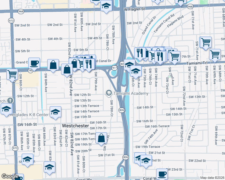 map of restaurants, bars, coffee shops, grocery stores, and more near 1125 Southwest 78th Court in Miami