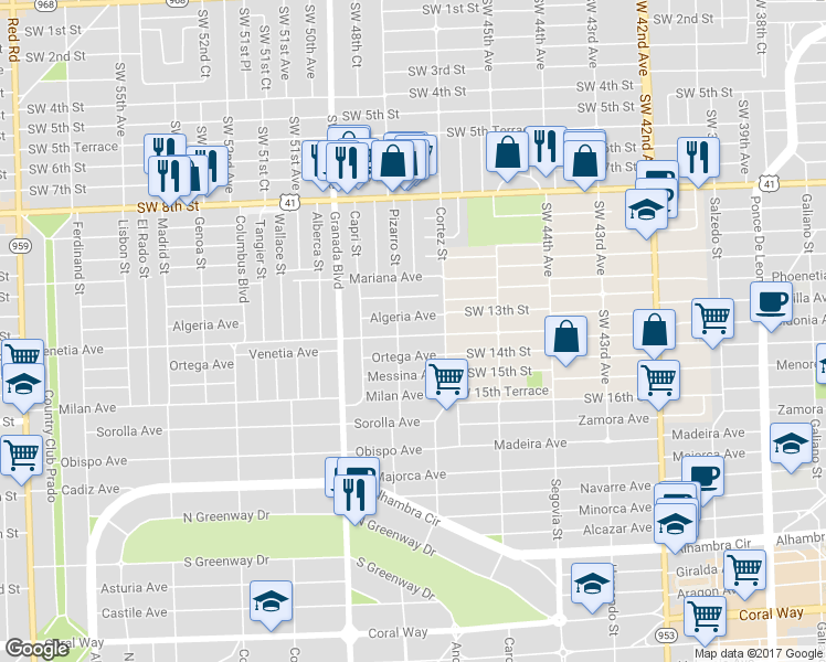 map of restaurants, bars, coffee shops, grocery stores, and more near 829 Venetia Avenue in Coral Gables