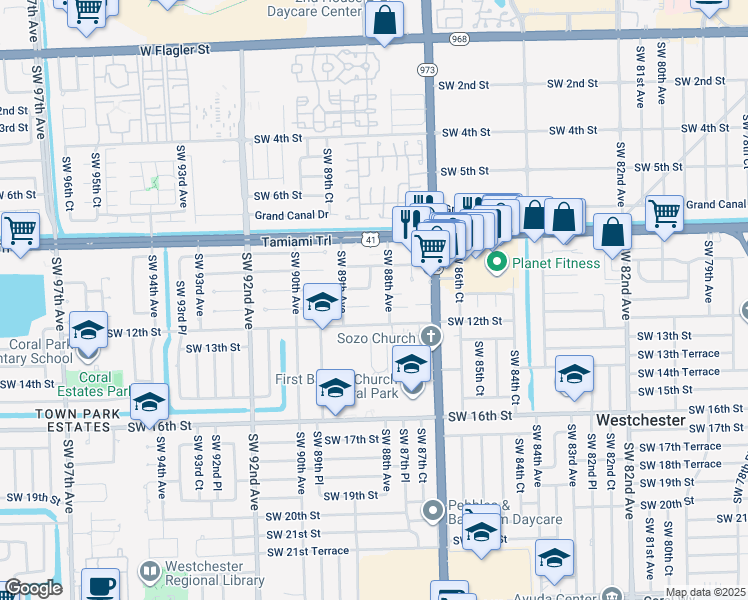 map of restaurants, bars, coffee shops, grocery stores, and more near 8849 Southwest 11th Street in Miami