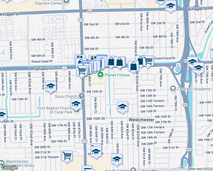 map of restaurants, bars, coffee shops, grocery stores, and more near 1053 Southwest 84th Court in Miami