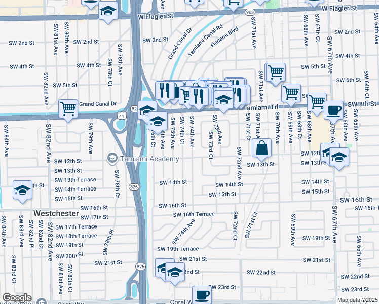 map of restaurants, bars, coffee shops, grocery stores, and more near 1130 Southwest 74th Avenue in Miami