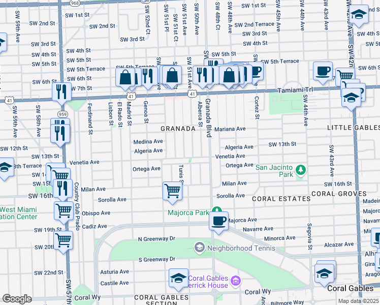 map of restaurants, bars, coffee shops, grocery stores, and more near 1220 Cordova Street in Coral Gables