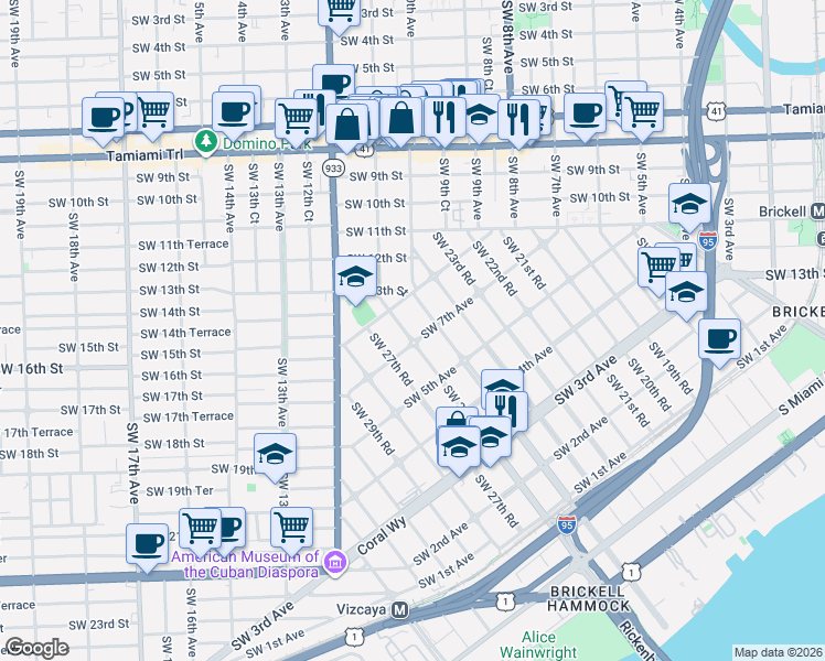 map of restaurants, bars, coffee shops, grocery stores, and more near 2540 Southwest 7th Avenue in Miami