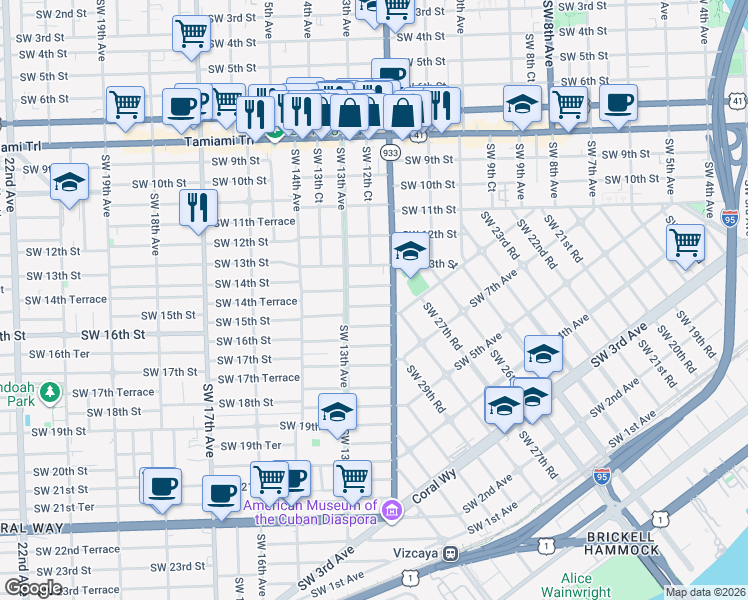 map of restaurants, bars, coffee shops, grocery stores, and more near 1257 Southwest 15th Street in Miami