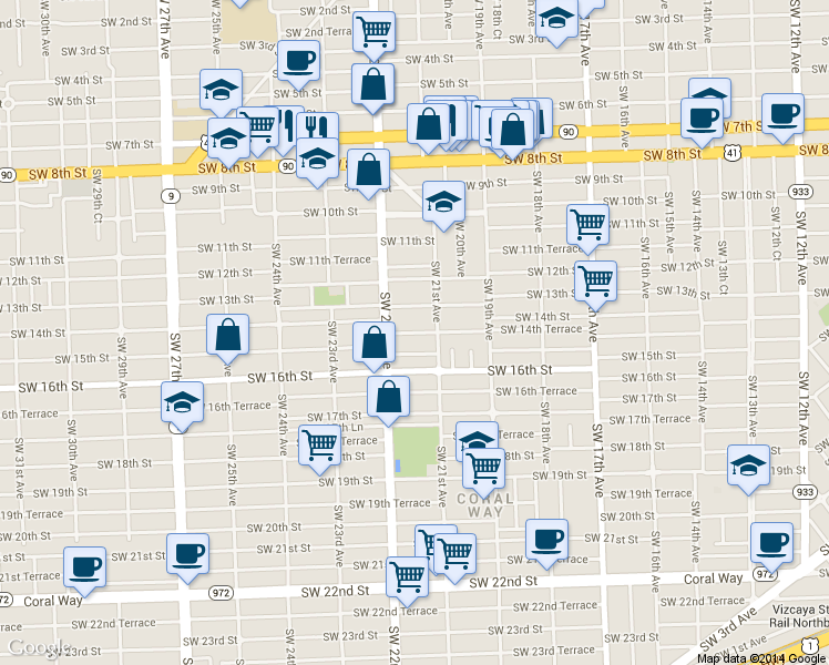 map of restaurants, bars, coffee shops, grocery stores, and more near 2122 Southwest 14th Terrace in Miami