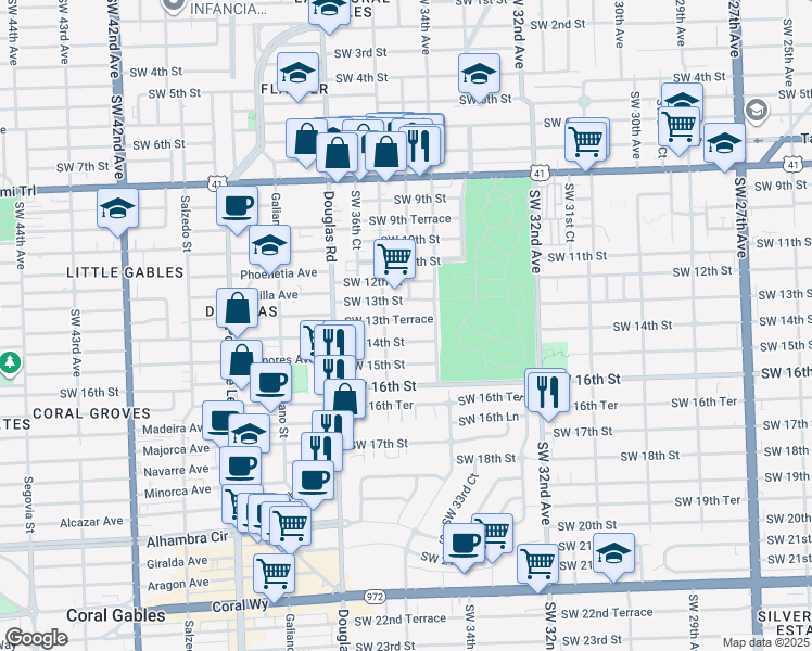 map of restaurants, bars, coffee shops, grocery stores, and more near 3430 Southwest 13th Terrace in Miami