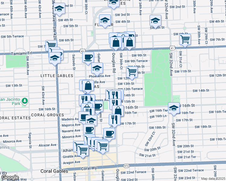 map of restaurants, bars, coffee shops, grocery stores, and more near 3682 Southwest 13th Terrace in Miami