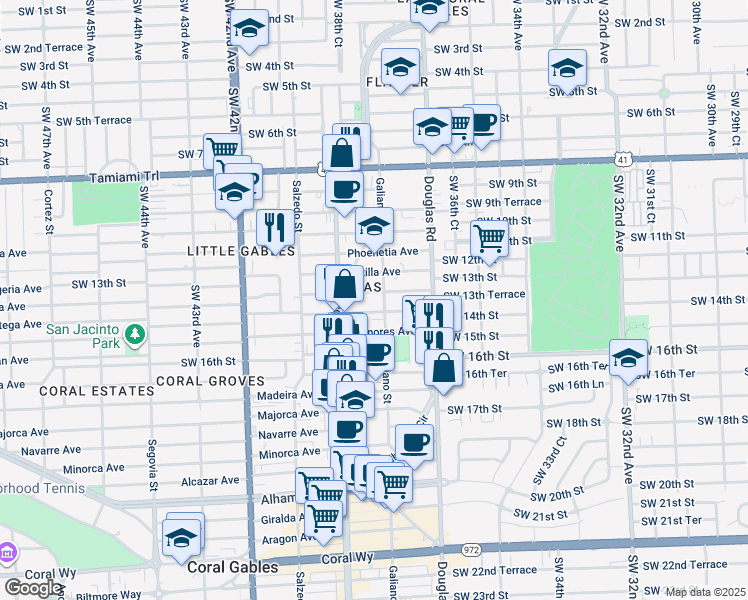map of restaurants, bars, coffee shops, grocery stores, and more near in Coral Gables
