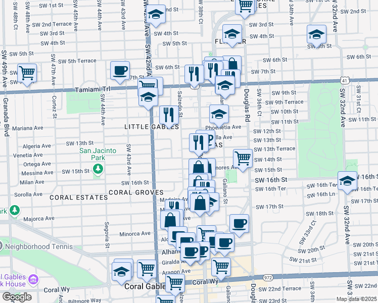 map of restaurants, bars, coffee shops, grocery stores, and more near 1301 Salzedo Street in Coral Gables
