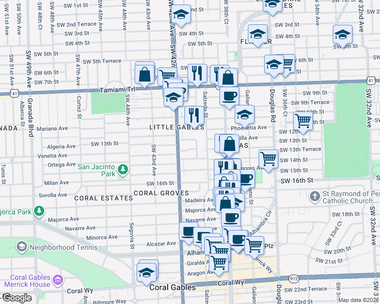 map of restaurants, bars, coffee shops, grocery stores, and more near 4020 Southwest 13th Terrace in Miami