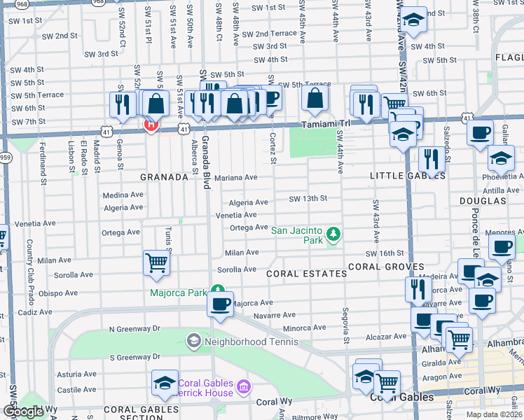 map of restaurants, bars, coffee shops, grocery stores, and more near 829 Venetia Avenue in Coral Gables