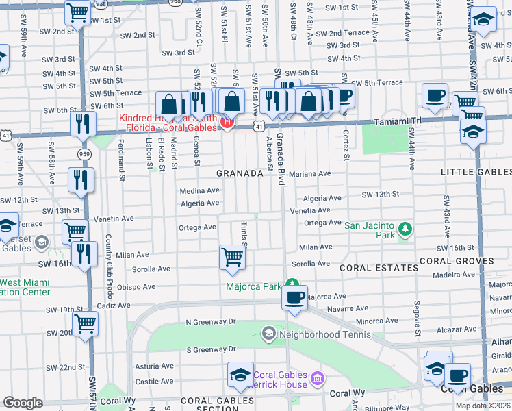 map of restaurants, bars, coffee shops, grocery stores, and more near 1220 Cordova Street in Coral Gables