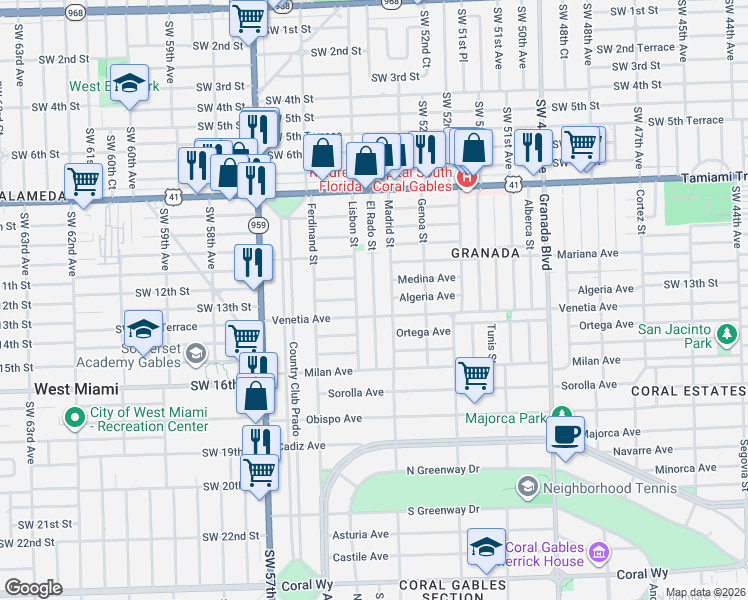 map of restaurants, bars, coffee shops, grocery stores, and more near 1222 El Rado Street in Coral Gables