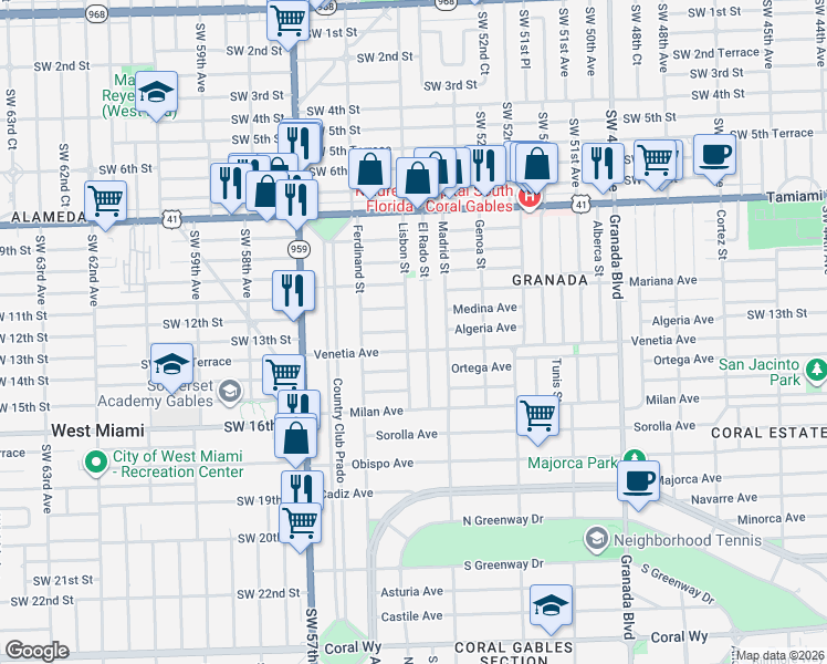 map of restaurants, bars, coffee shops, grocery stores, and more near 1222 El Rado Street in Coral Gables