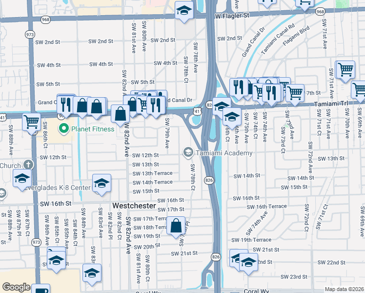 map of restaurants, bars, coffee shops, grocery stores, and more near 1184 Southwest 78th Place in Miami