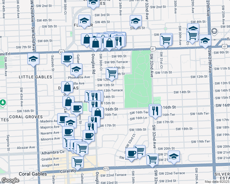 map of restaurants, bars, coffee shops, grocery stores, and more near 3430 Southwest 13th Terrace in Miami