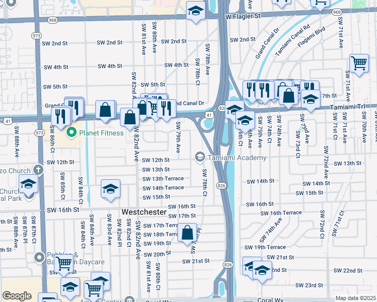 map of restaurants, bars, coffee shops, grocery stores, and more near 1184 Southwest 78th Place in Miami