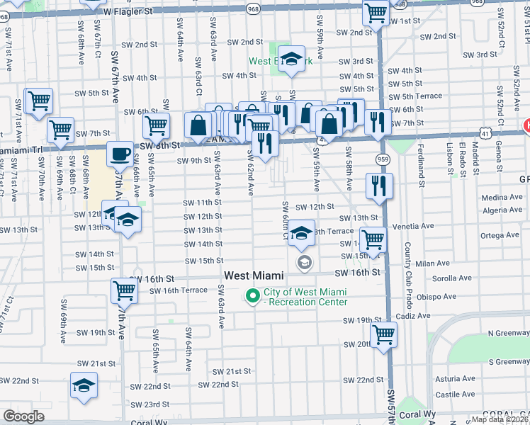 map of restaurants, bars, coffee shops, grocery stores, and more near 6110 Southwest 12th Street in West Miami