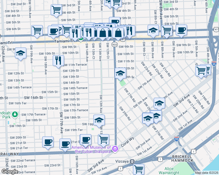 map of restaurants, bars, coffee shops, grocery stores, and more near 1257 Southwest 15th Street in Miami