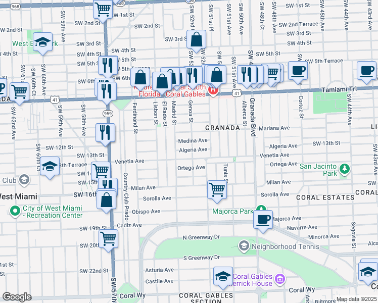 map of restaurants, bars, coffee shops, grocery stores, and more near 1256 Algeria Avenue in Coral Gables
