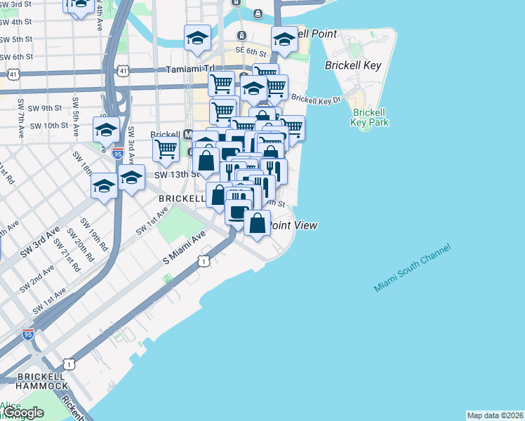 map of restaurants, bars, coffee shops, grocery stores, and more near 185 Southeast 14th Terrace in Miami