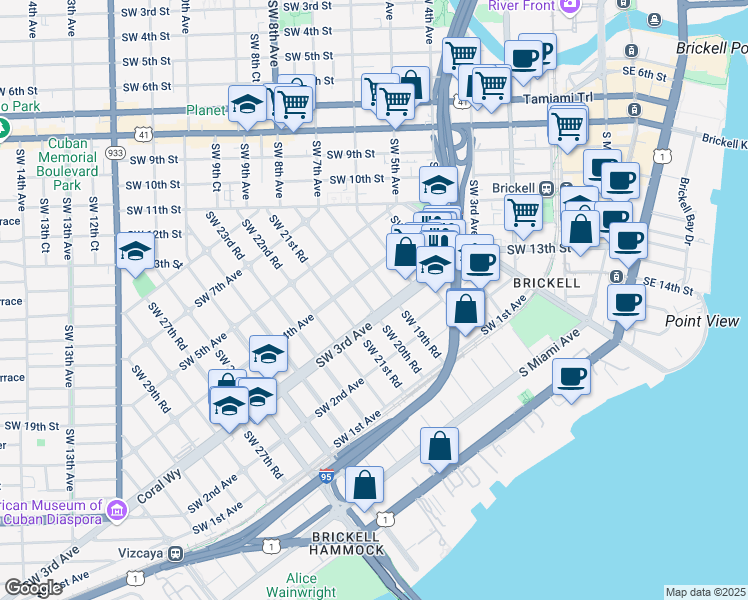 map of restaurants, bars, coffee shops, grocery stores, and more near 321 Southwest 20th Road in Miami