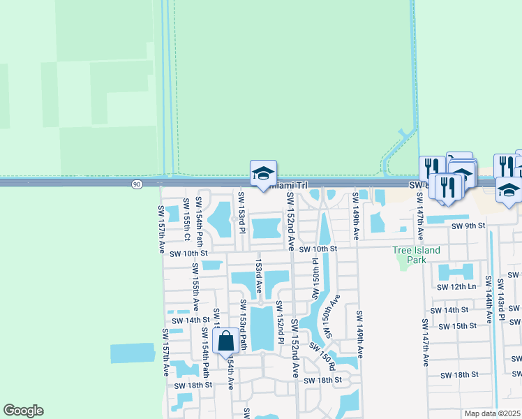 map of restaurants, bars, coffee shops, grocery stores, and more near 15309 Southwest 8th Way in Miami